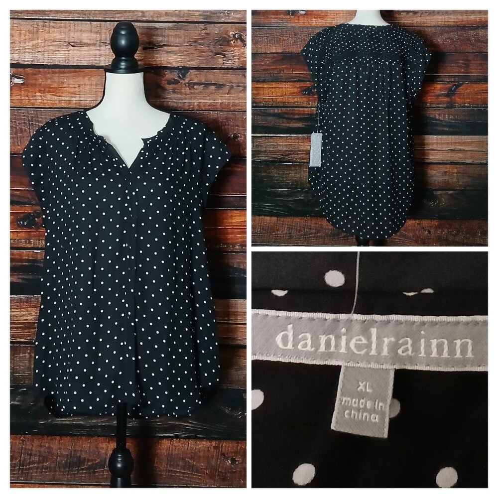 NWT Daniel Rainn Top XL Bernal Split Neck Blouse Black Polka Dot